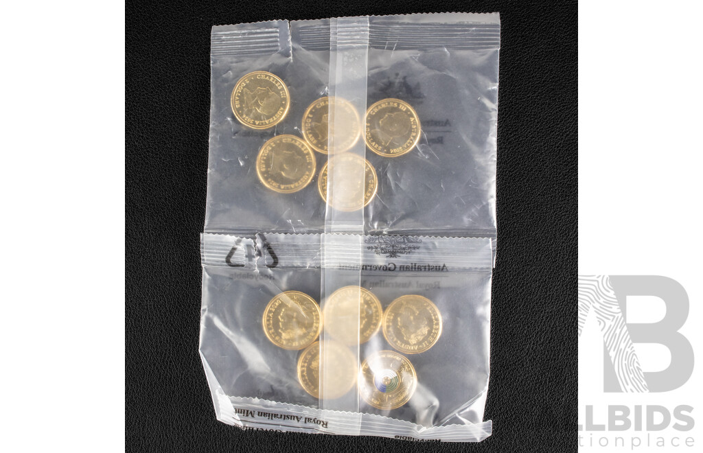 Ten Australian RAM UNC Commemorative Two Dollar Coins Including 2024 War Animals Remembrance and 2020 Seventy Five Years End of WW2