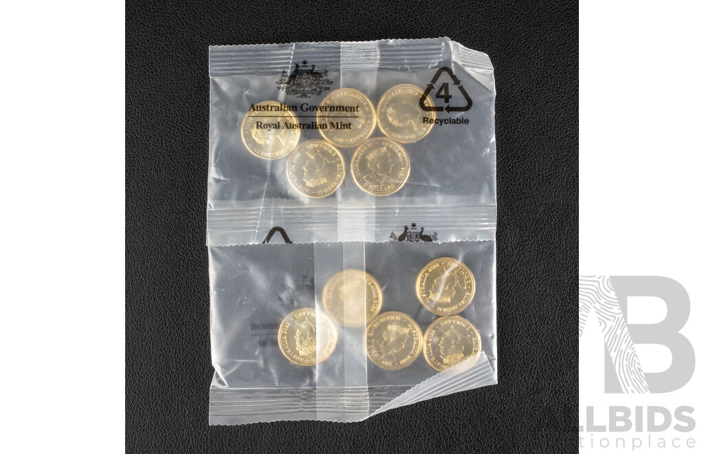 Ten Australian RAM UNC Commemorative Two Dollar Coins Including 2021 Indigenous Military Service and 2022 Seventy Fifth Anniversary of Peacekeeping