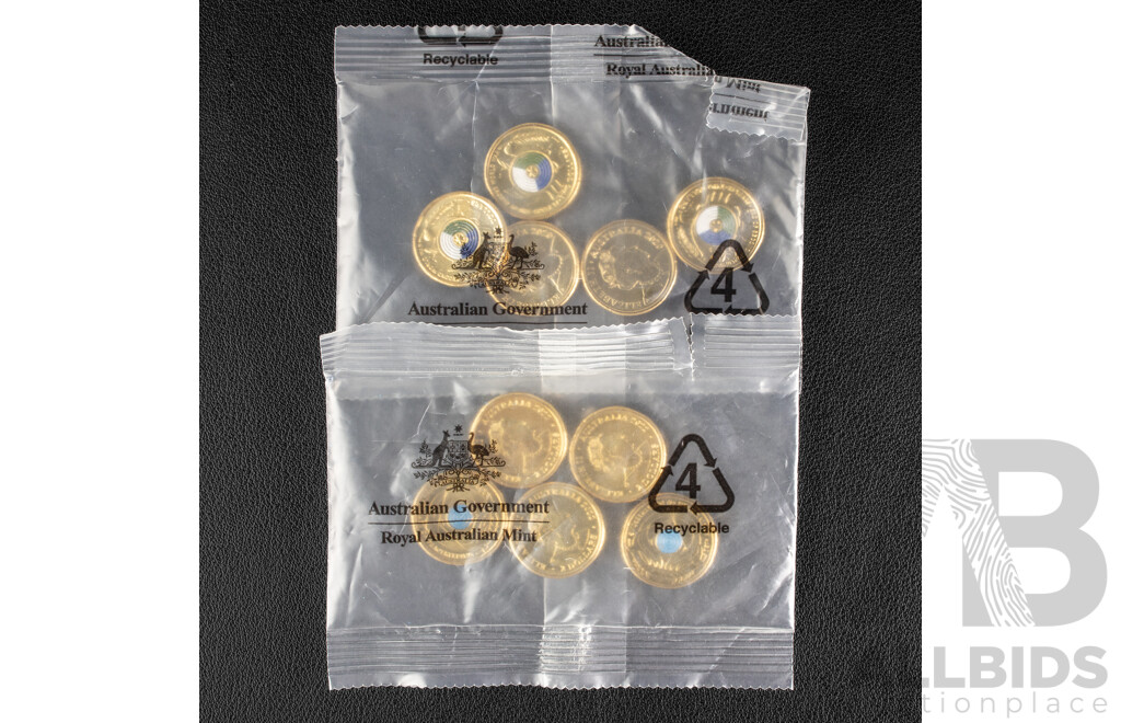 Ten Australian RAM UNC Commemorative Two Dollar Coins Including 2022 Seventy Fifth Anniversary of Peacekeeping and Seventy Five Years End of WW2