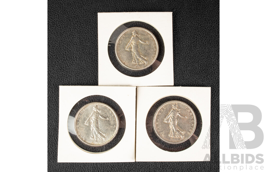 Three French Silver Five Francs Coins, 1960, 1962, 1963 .835