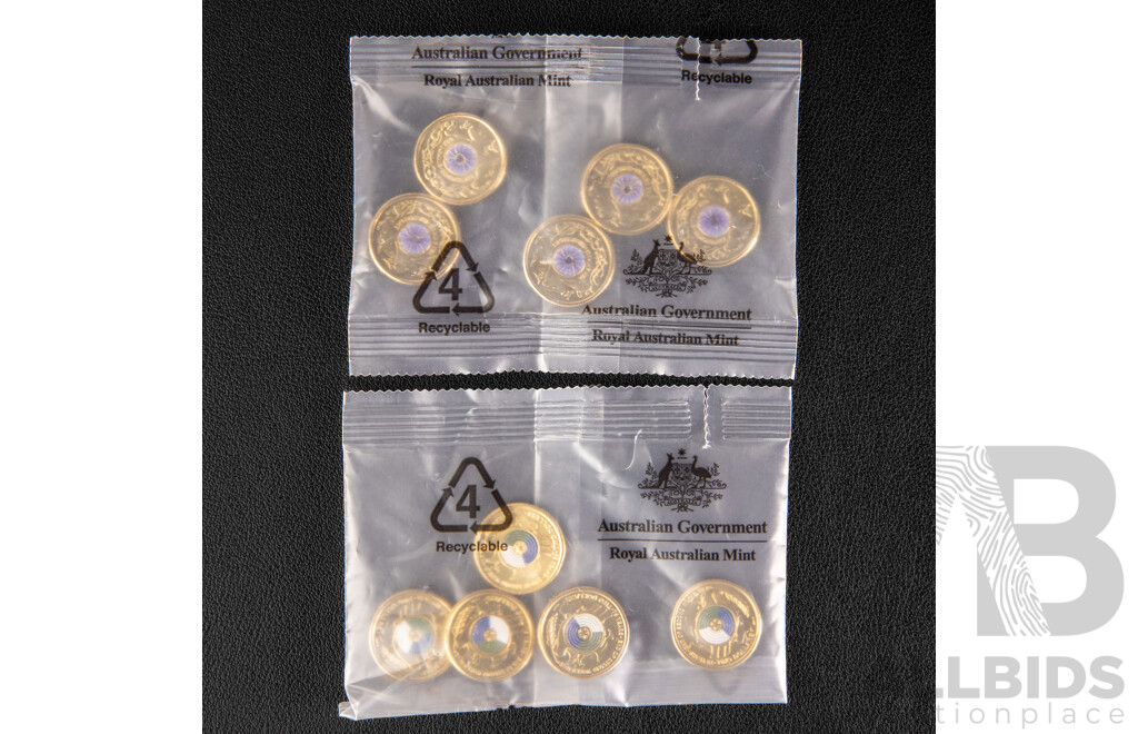 Ten Australian RAM UNC Two Dollar Coins, 2024 War Animals Remembrance and 2020 75 Years End of World War Two