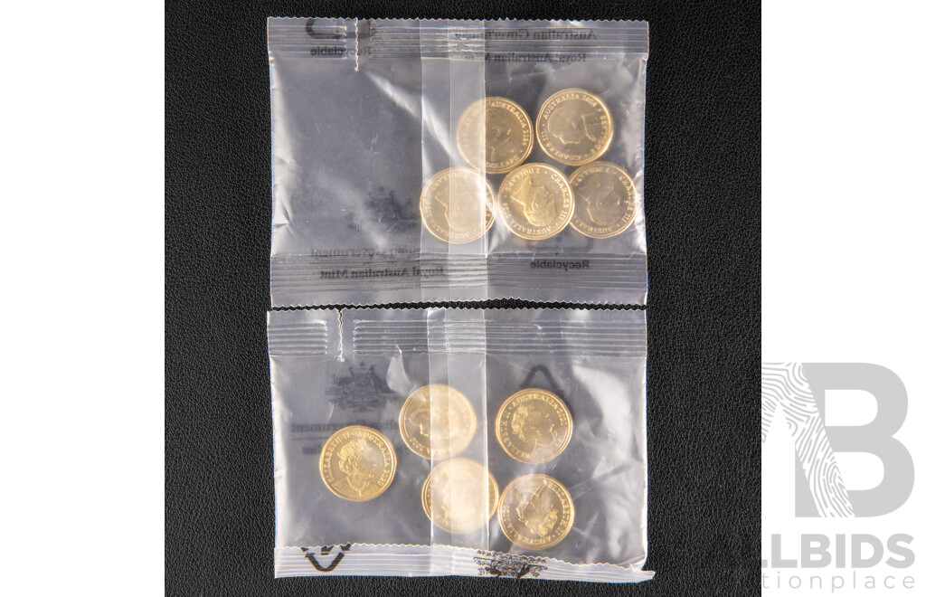 Ten Australian RAM UNC Two Dollar Coins, 2024 War Animals Remembrance and 2020 75 Years End of World War Two