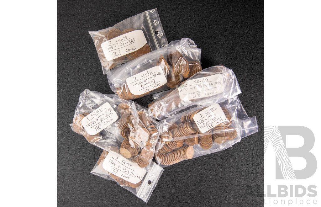 Collection of Australian One and Two Cent Coins, One Cent Consecutive Examples 1966 to 1985, 1987 to 1990, Two Cent Examples 1966, 1967, 1969, Consecutive 1970 to 1985, 1988, 1989 - Approximately 1.5 Kilograms