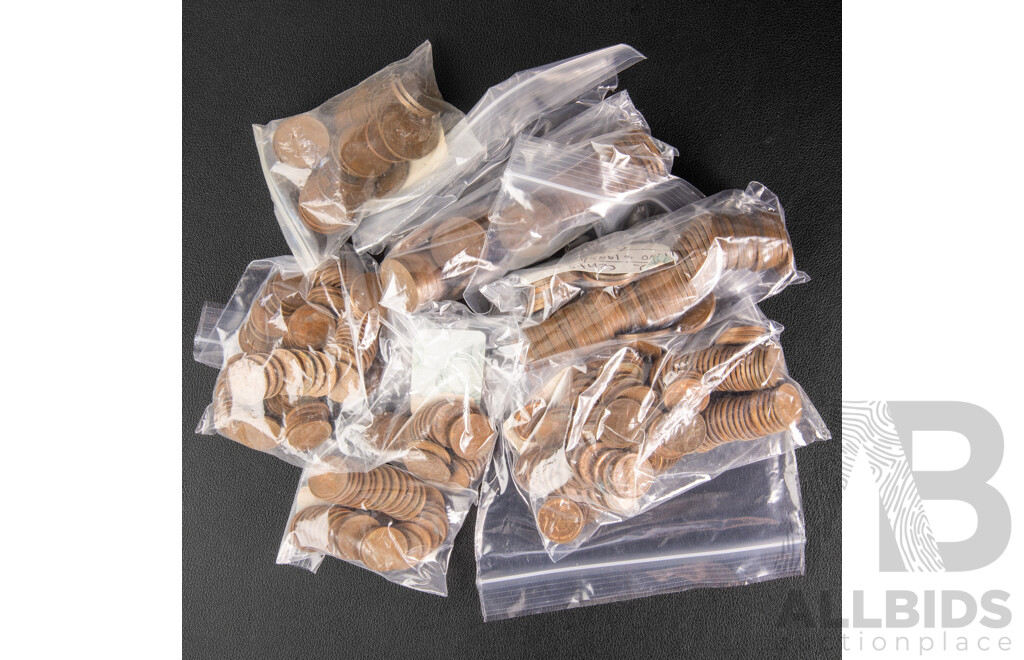 Collection of Australian One and Two Cent Coins, One Cent Consecutive Examples 1966 to 1985, 1987 to 1990, Two Cent Examples 1966, 1967, 1969, Consecutive 1970 to 1985, 1988, 1989 - Approximately 1.5 Kilograms