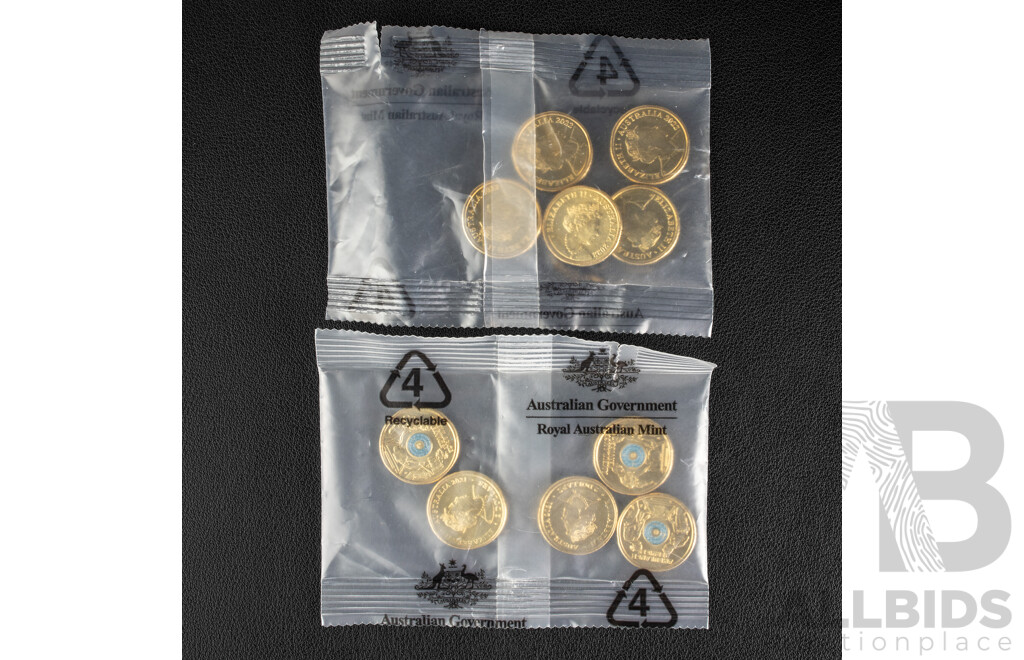 Ten Australian RAM UNC Two Dollar Coins, Five 2022 Frontline Workers and Five 2021 Ambulance Service