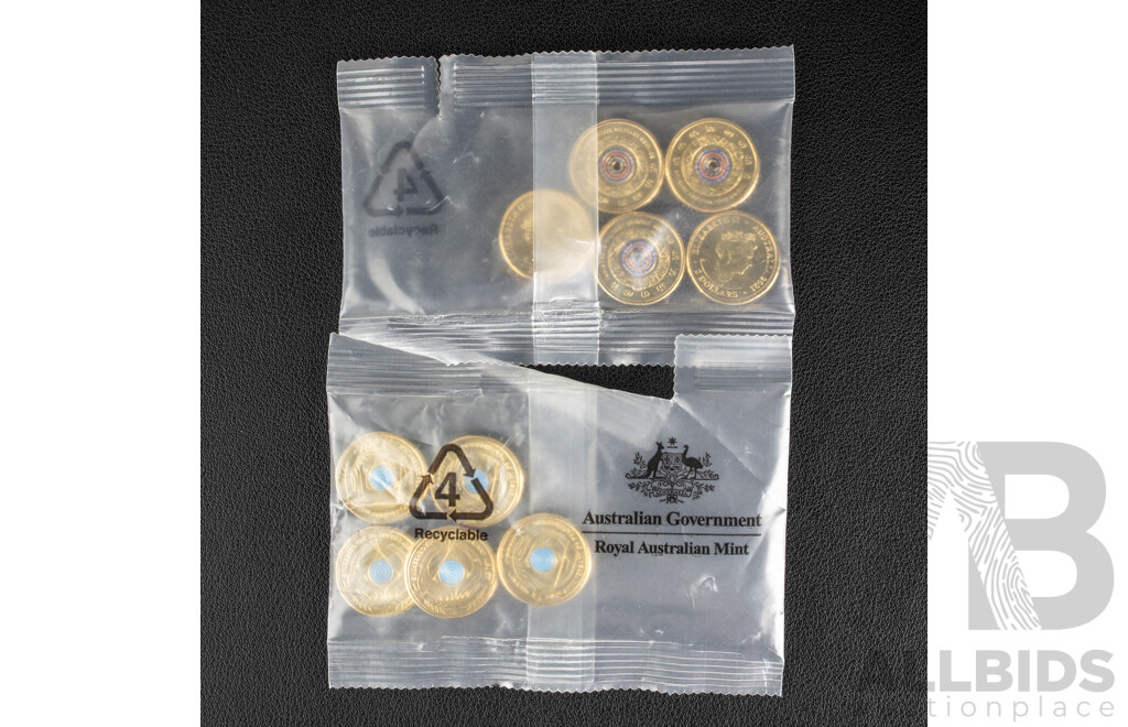 Ten Australian RAM UNC Two Dollar Coins, Five 2021 Indigenous Military Service and Five 2022 75th Anniversary of Peace Keeping