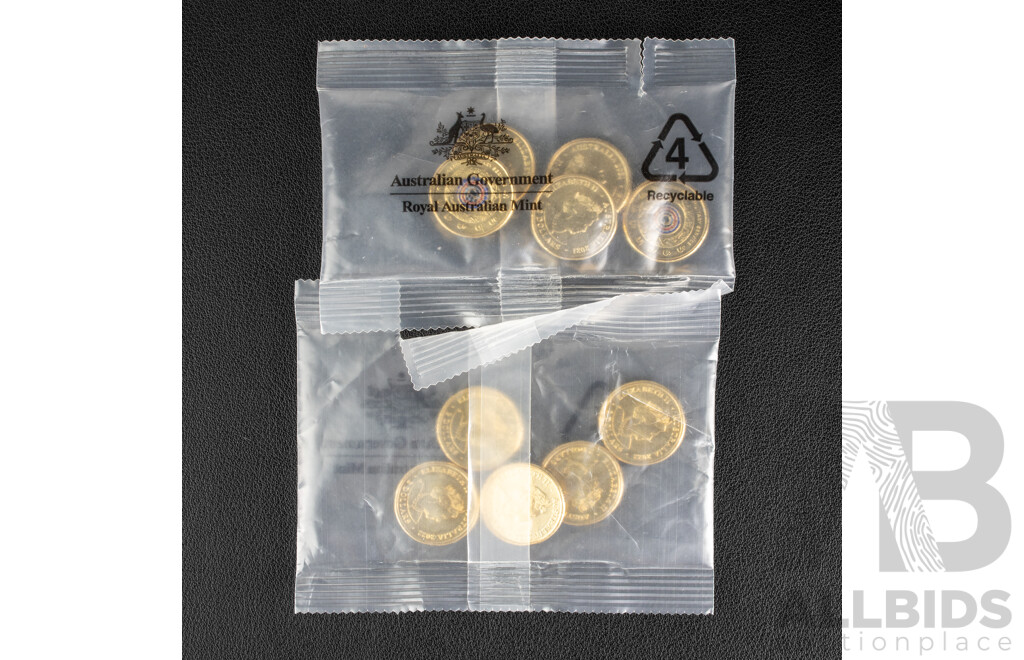 Ten Australian RAM UNC Two Dollar Coins, Five 2021 Indigenous Military Service and Five 2022 75th Anniversary of Peace Keeping