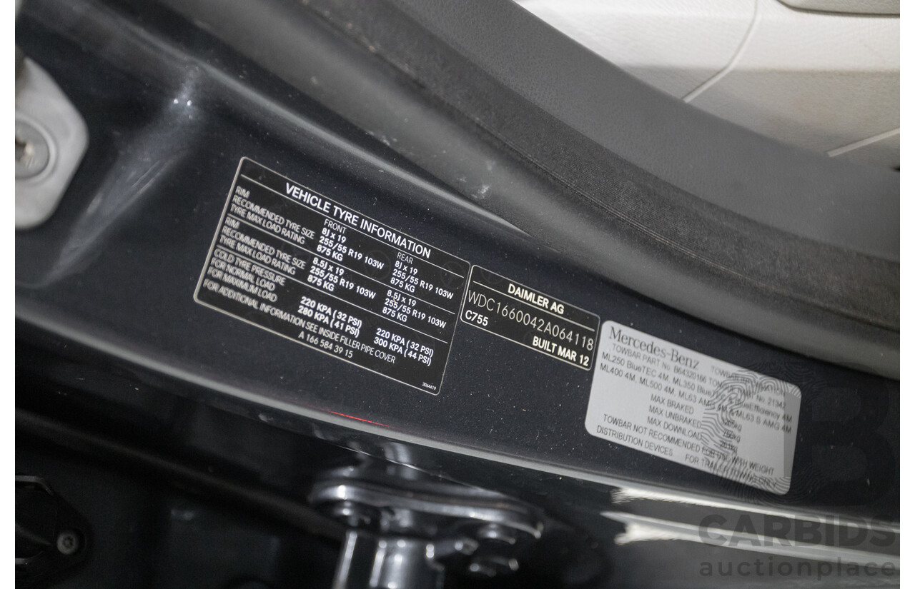 5/2012 Mercedes-Benz ML 250 CDI Bluetec (AWD) 166 4D Wagon Steel Grey Metallic Turbo Diesel 2.1L