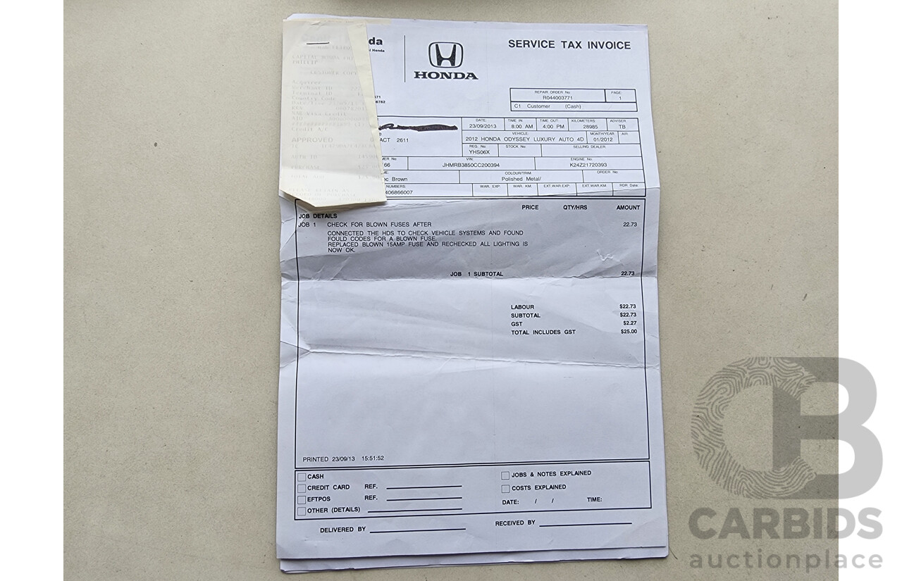 1/2012 Honda Odyssey Luxury RB MY12 4d Wagon Grey 2.4L