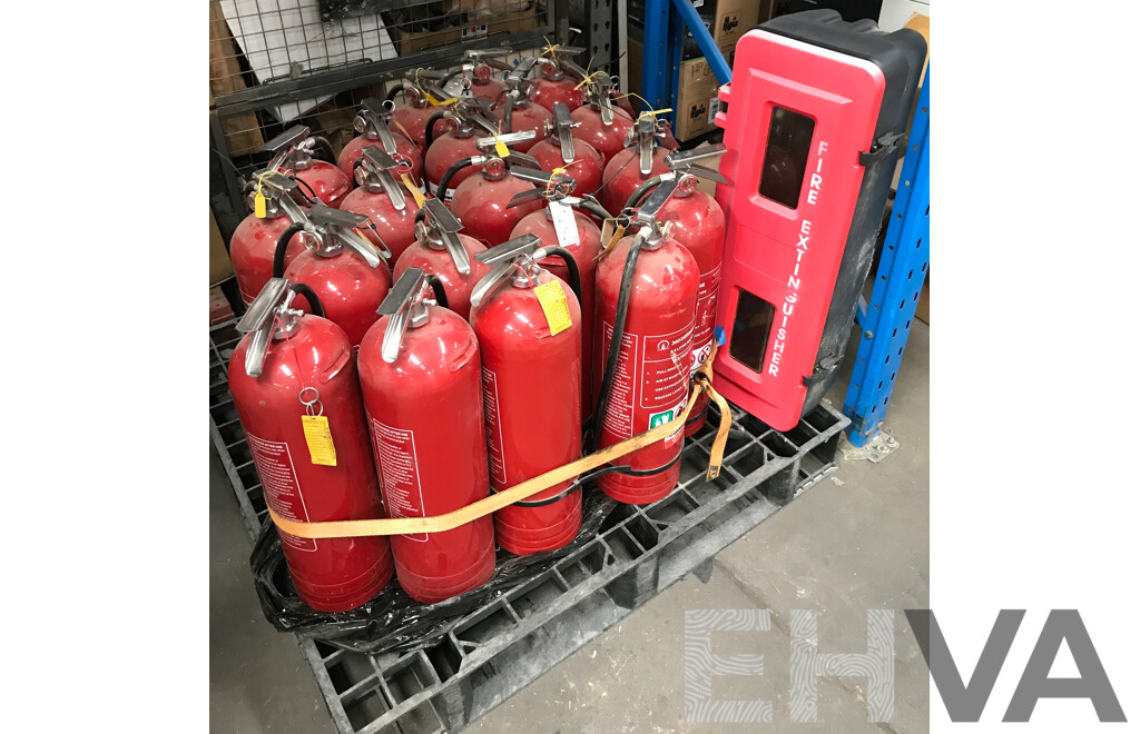 Pallet Lot of 360 Degree Fire Extinguishers with Fire Extinguisher Case