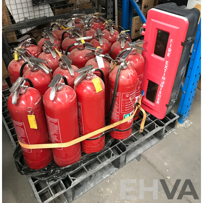 Pallet Lot of 360 Degree Fire Extinguishers with Fire Extinguisher Case