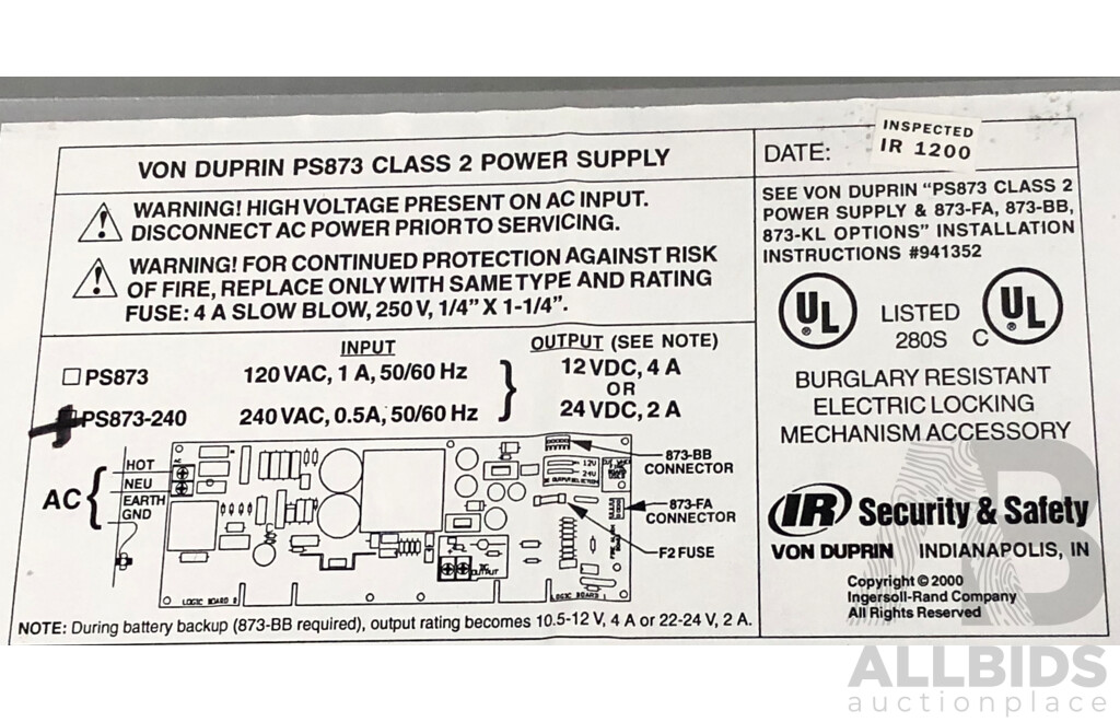 Von Duprin Class 2 Power Supply - PS873