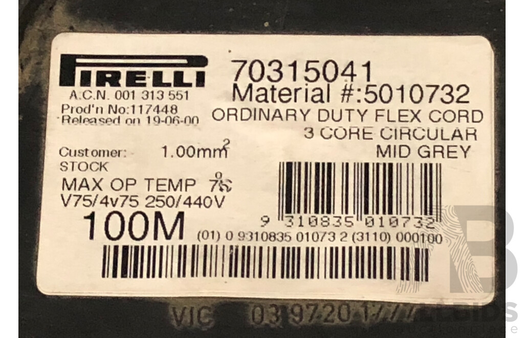 Pirelli 250/540 Volt Electrical Flex Cord Power Cable - Partial Spool