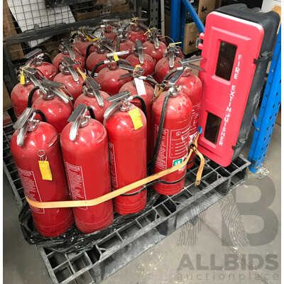 Pallet Lot of 360 Degree Fire Extinguishers with Fire Extinguisher Case