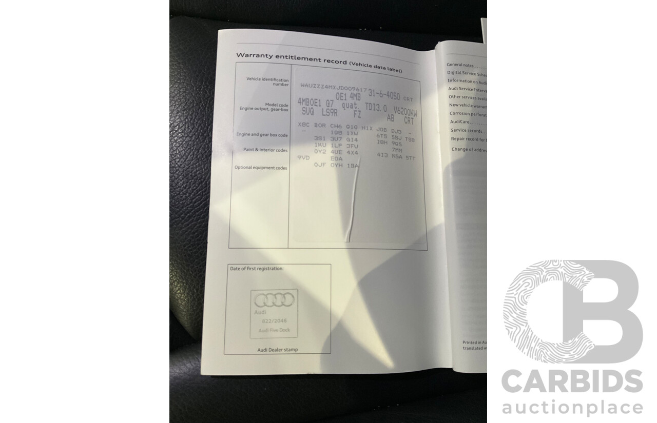 12/2017 Audi Q7 3.0 TDI Quattro (200 kW AWD) 4M MY18 4d Wagon Glacier White Metallic Turbo Diesel V6 3.0L