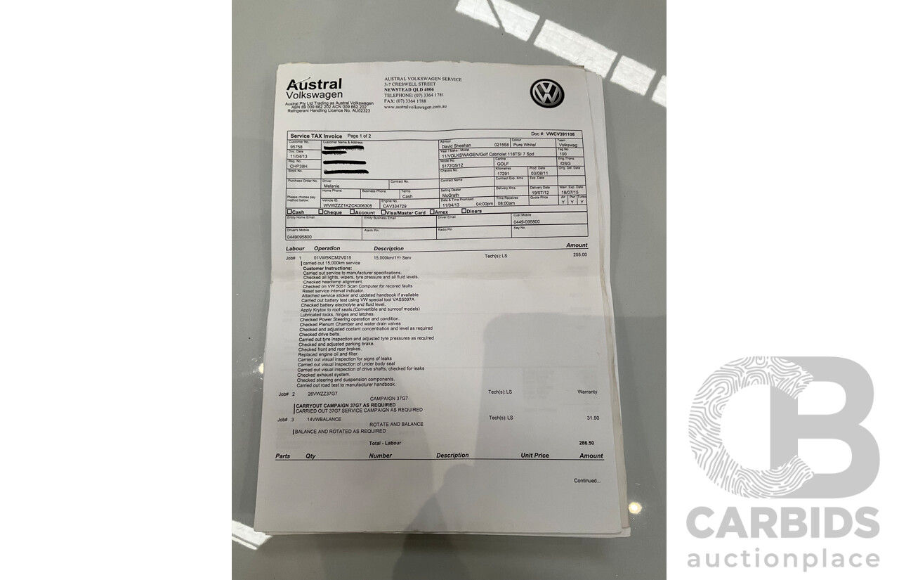 1/2012 Volkswagen Golf 118 TSI 1C 2d Cabriolet Pure White Twincharged 1.4L