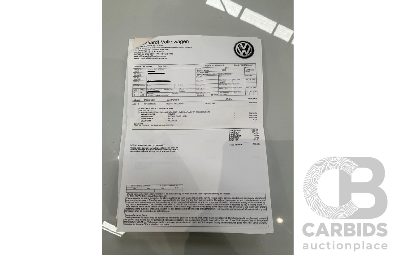 1/2012 Volkswagen Golf 118 TSI 1C 2d Cabriolet Pure White Twincharged 1.4L