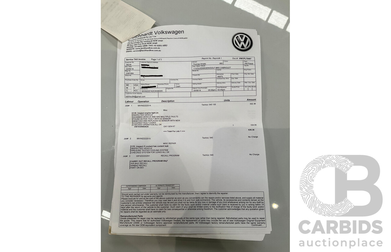 1/2012 Volkswagen Golf 118 TSI 1C 2d Cabriolet Pure White Twincharged 1.4L