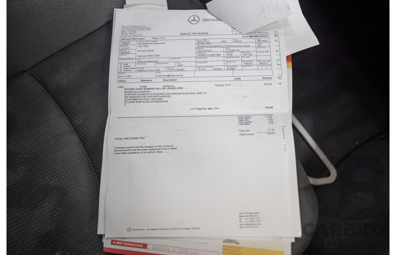 02/2010 Mercedes-Benz CLC200 Kompressor 203 MY10 2D Coupe Solid Black Supercharged 1.8L