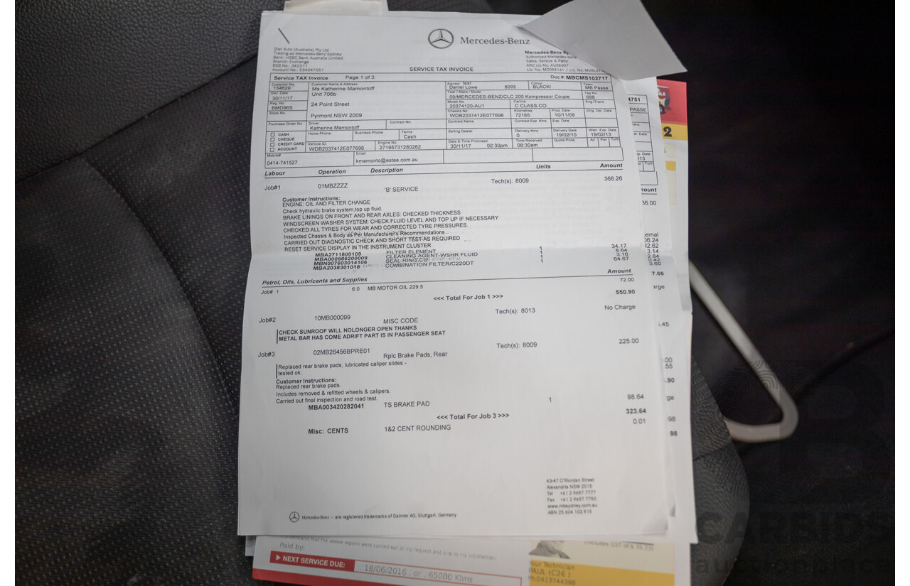 02/2010 Mercedes-Benz CLC200 Kompressor 203 MY10 2D Coupe Solid Black Supercharged 1.8L