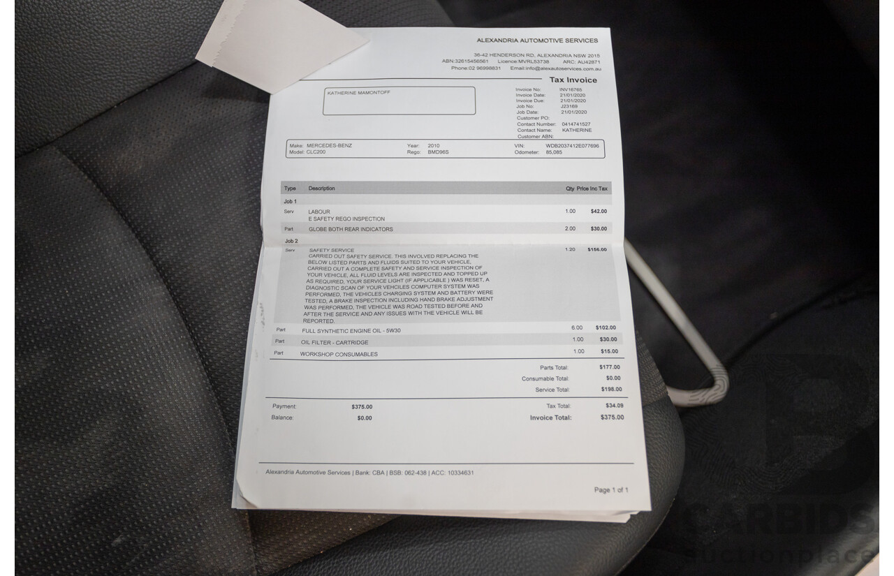 02/2010 Mercedes-Benz CLC200 Kompressor 203 MY10 2D Coupe Solid Black Supercharged 1.8L