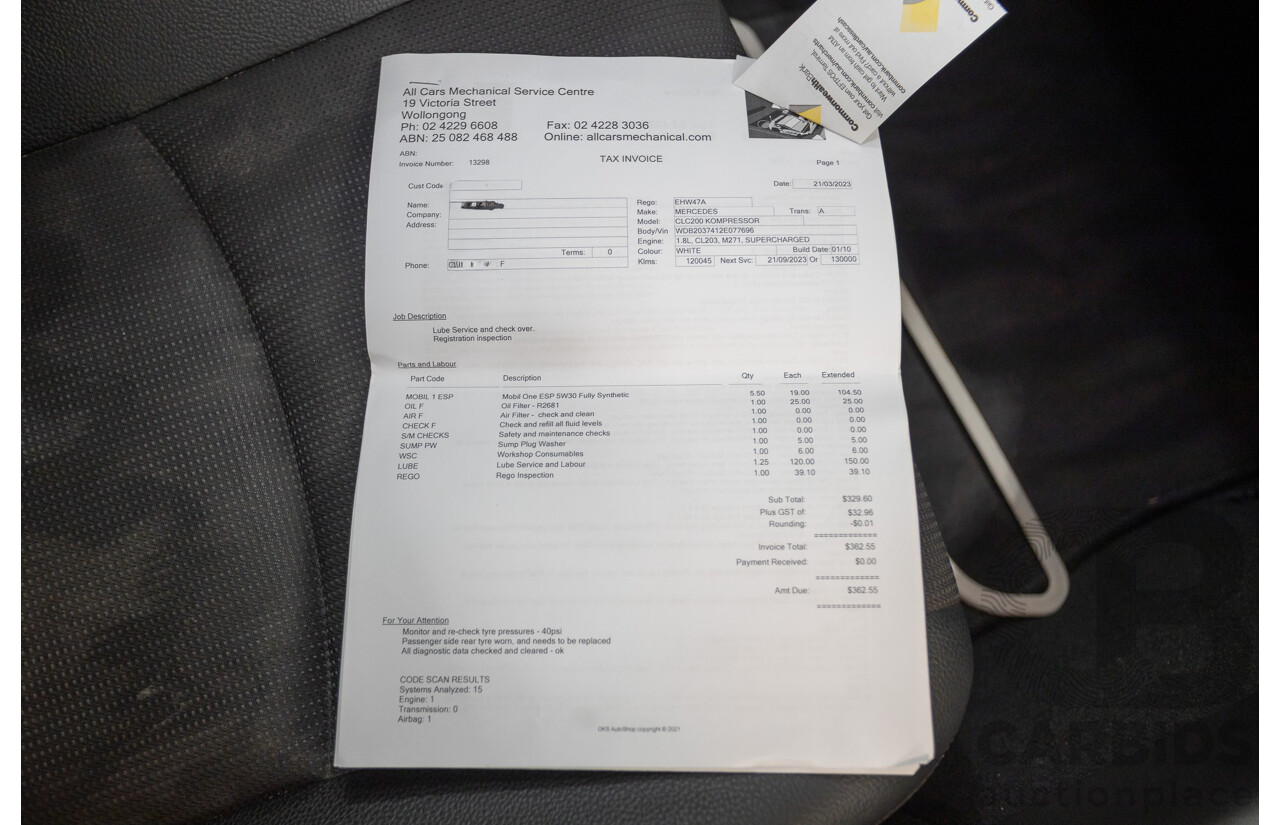 02/2010 Mercedes-Benz CLC200 Kompressor 203 MY10 2D Coupe Solid Black Supercharged 1.8L