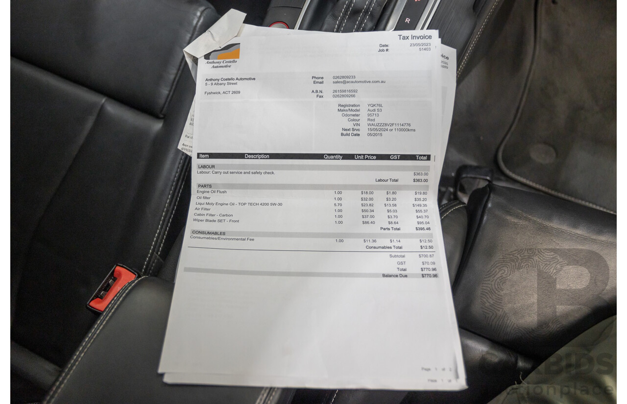 5/2015 Audi S3 2.0 TFSI Quattro (AWD) 8V MY15 4D Sedan Misano Red Pearlescent Turbo 2.0L