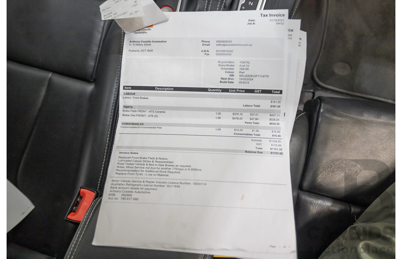 5/2015 Audi S3 2.0 TFSI Quattro (AWD) 8V MY15 4D Sedan Misano Red Pearlescent Turbo 2.0L