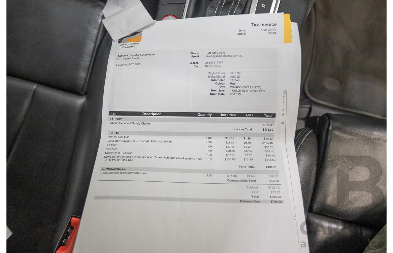 5/2015 Audi S3 2.0 TFSI Quattro (AWD) 8V MY15 4D Sedan Misano Red Pearlescent Turbo 2.0L