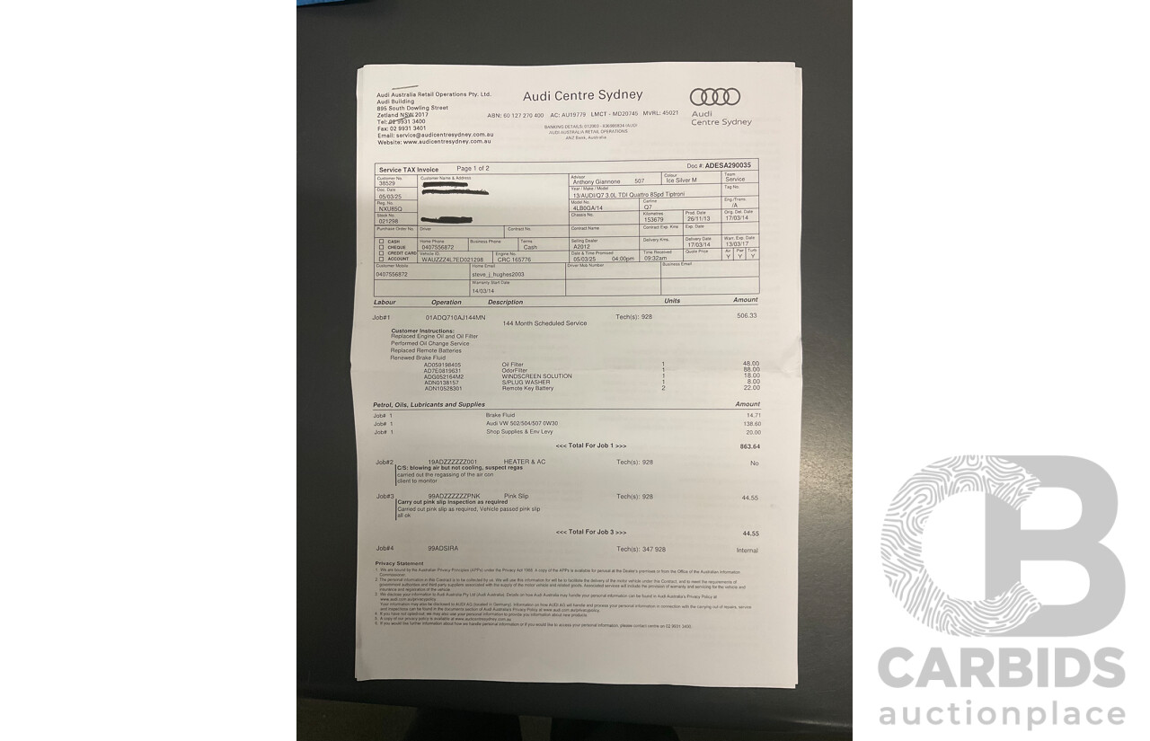 2/2014 Audi Q7 3.0 TDI S-Line Quattro MY14 4d Wagon Floret Silver Metallic Turbo Diesel V6 3.0L - 7 Seater