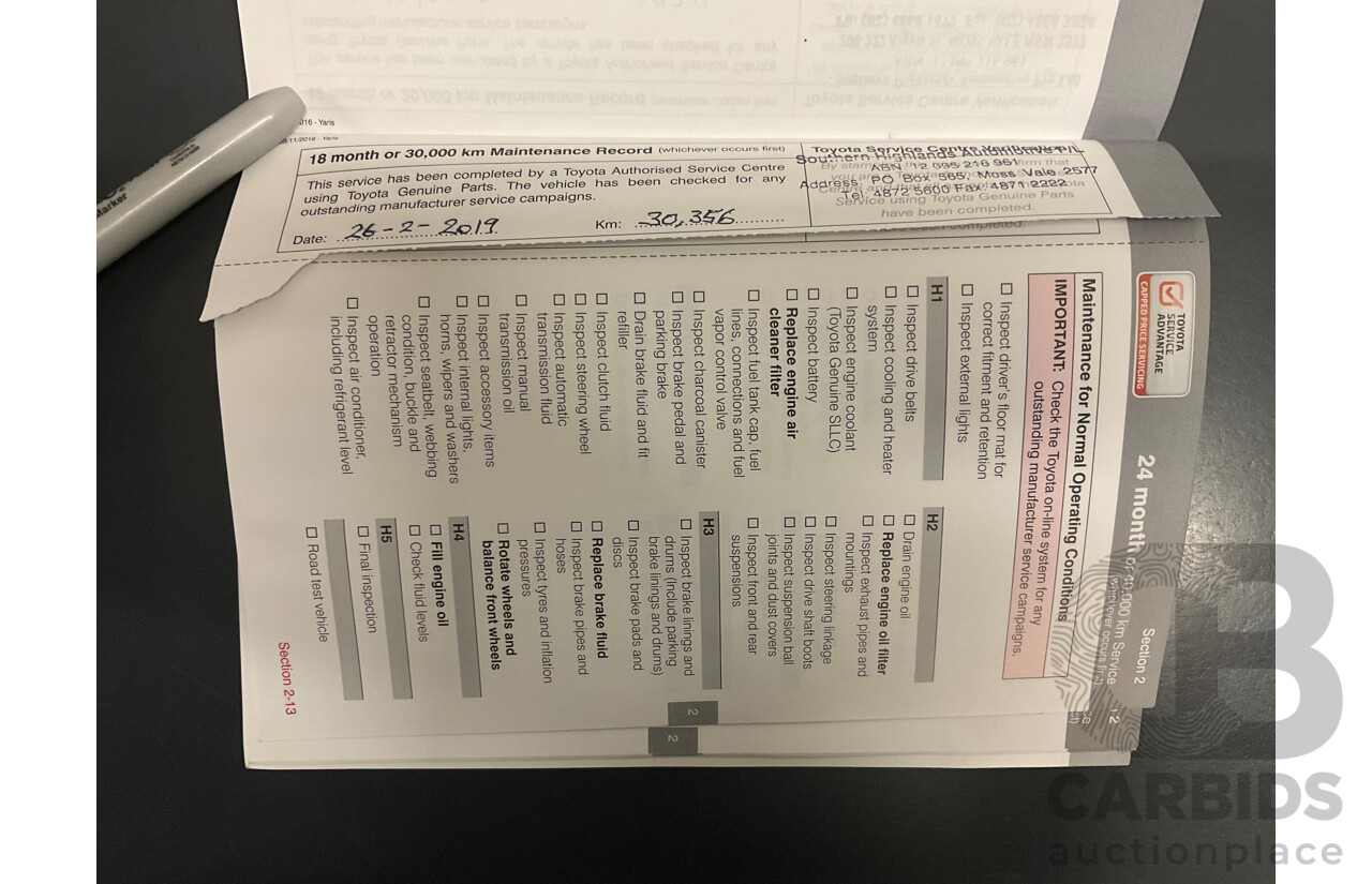 02/2017 Toyota Yaris Ascent (FWD) NCP130R MY17 5d Hatchback Glacier White 1.3L