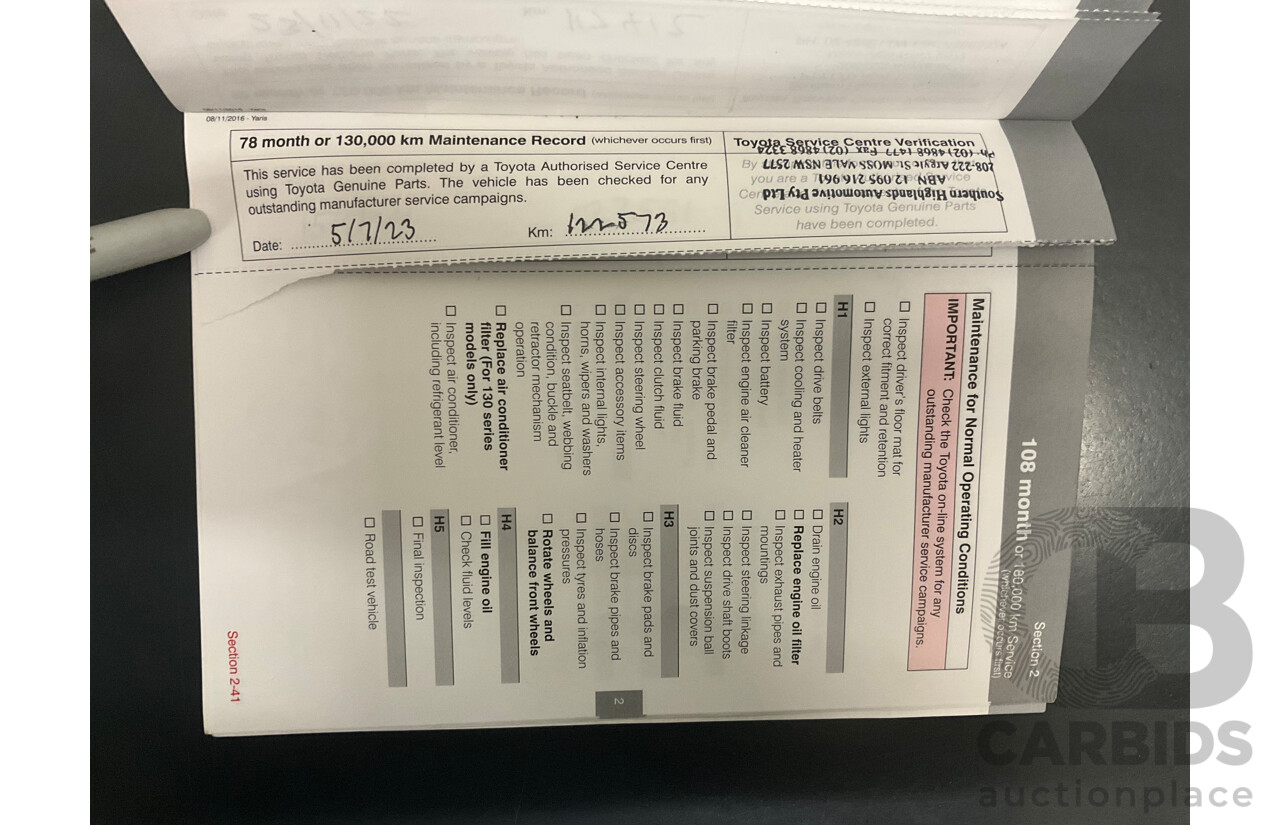 02/2017 Toyota Yaris Ascent (FWD) NCP130R MY17 5d Hatchback Glacier White 1.3L