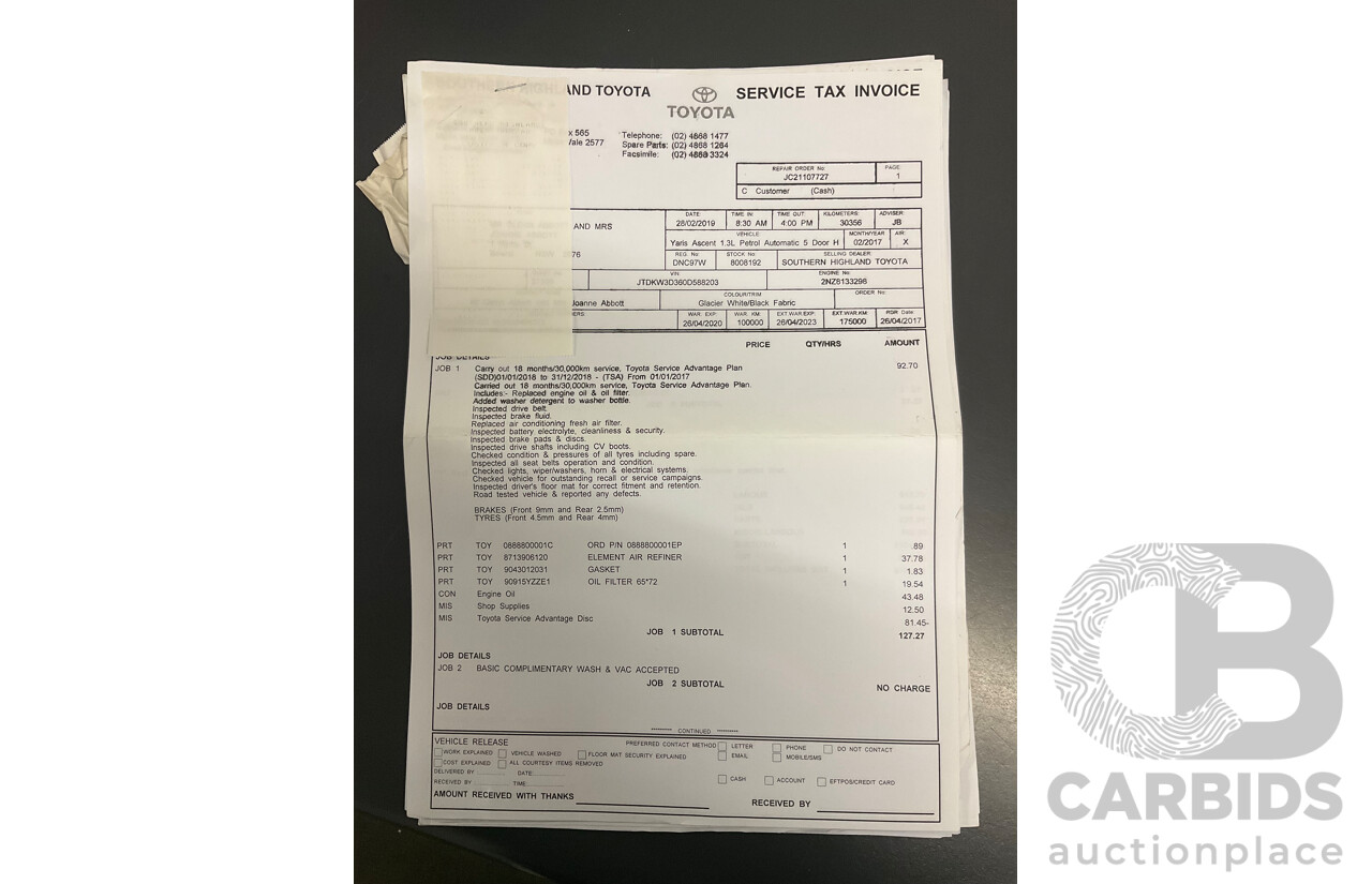 02/2017 Toyota Yaris Ascent (FWD) NCP130R MY17 5d Hatchback Glacier White 1.3L