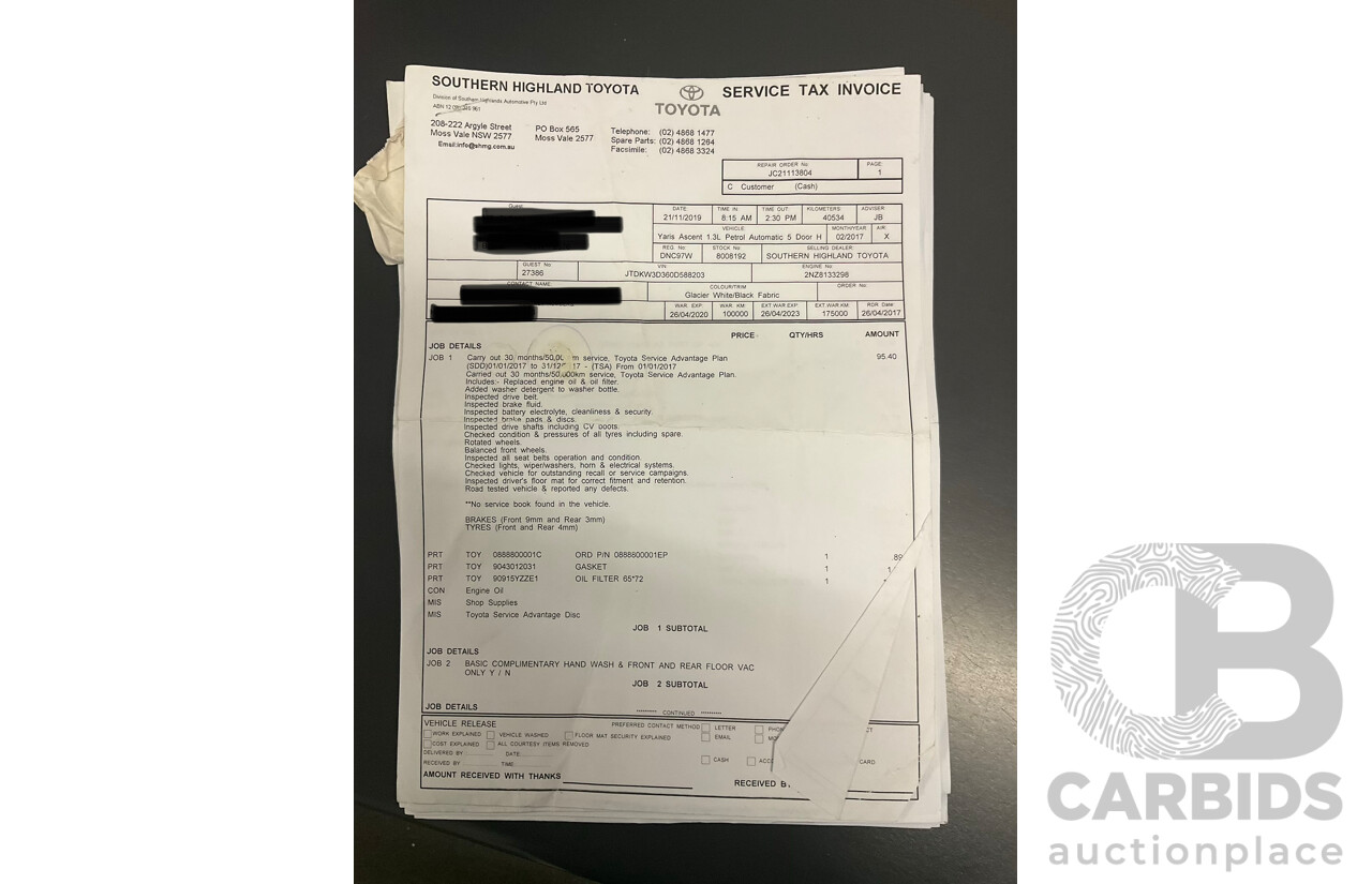 02/2017 Toyota Yaris Ascent (FWD) NCP130R MY17 5d Hatchback Glacier White 1.3L