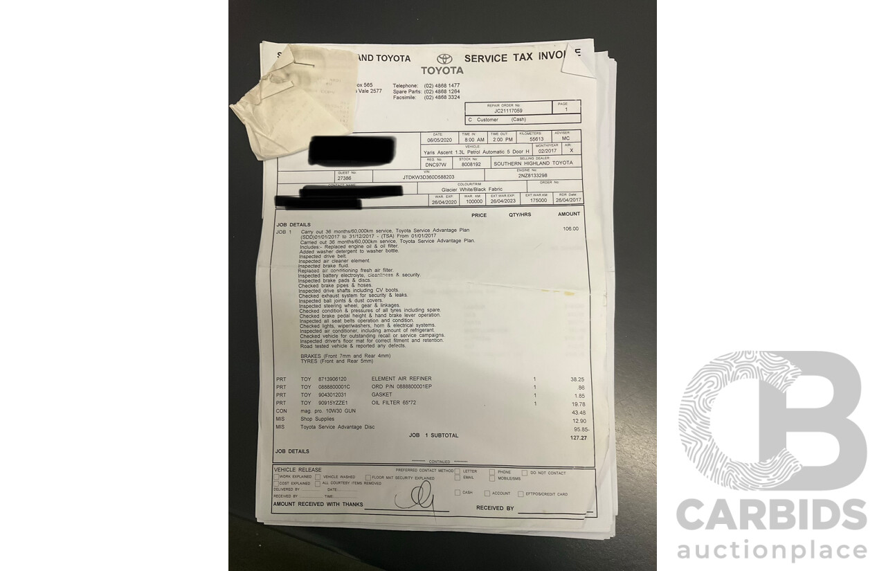 02/2017 Toyota Yaris Ascent (FWD) NCP130R MY17 5d Hatchback Glacier White 1.3L