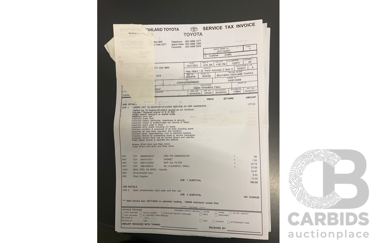 02/2017 Toyota Yaris Ascent (FWD) NCP130R MY17 5d Hatchback Glacier White 1.3L