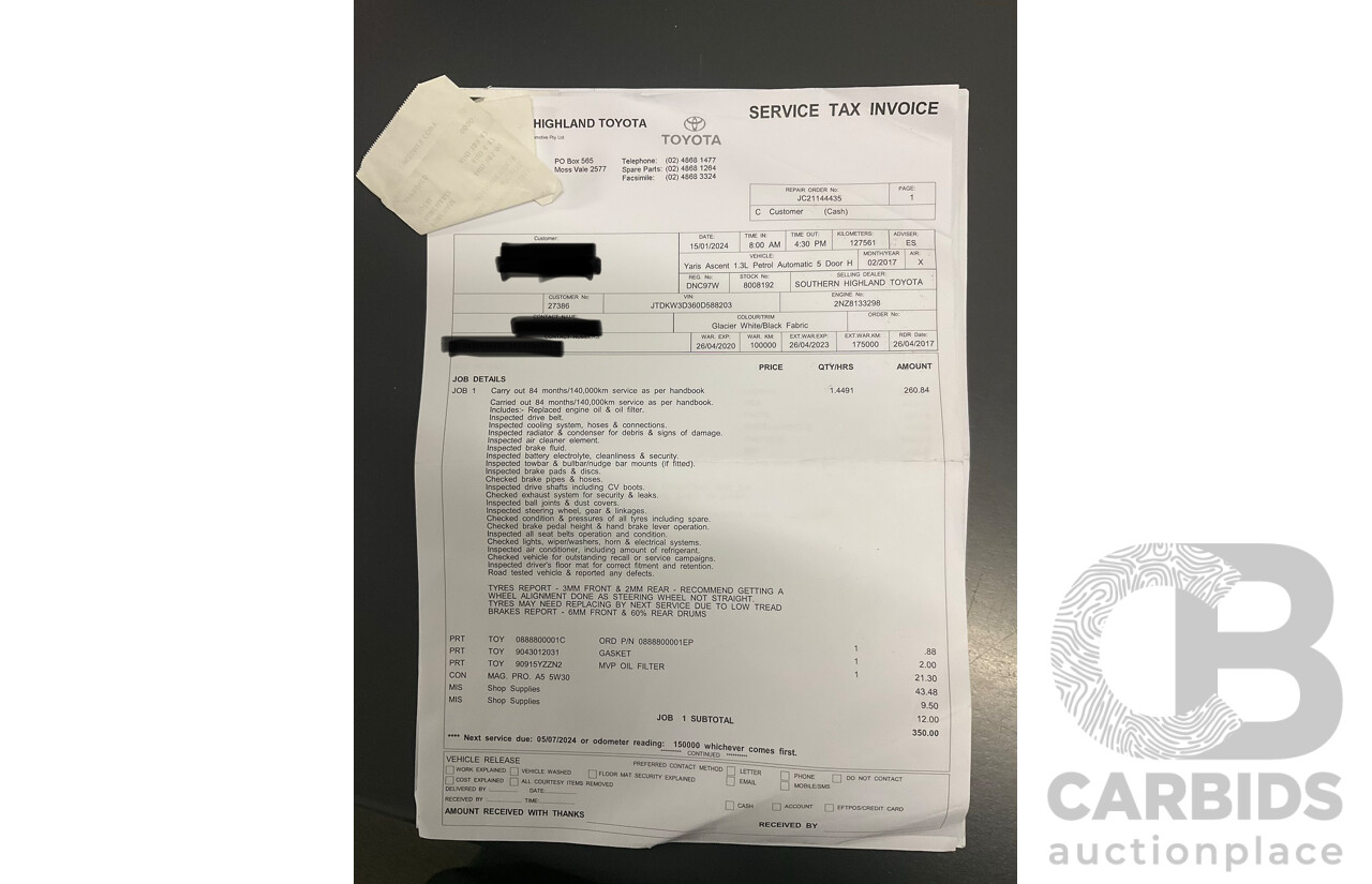 02/2017 Toyota Yaris Ascent (FWD) NCP130R MY17 5d Hatchback Glacier White 1.3L