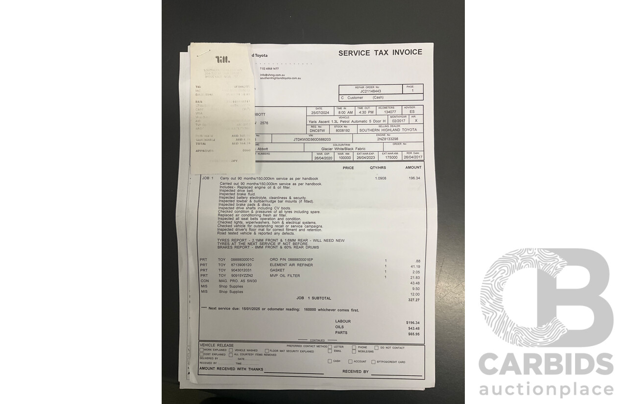 02/2017 Toyota Yaris Ascent (FWD) NCP130R MY17 5d Hatchback Glacier White 1.3L