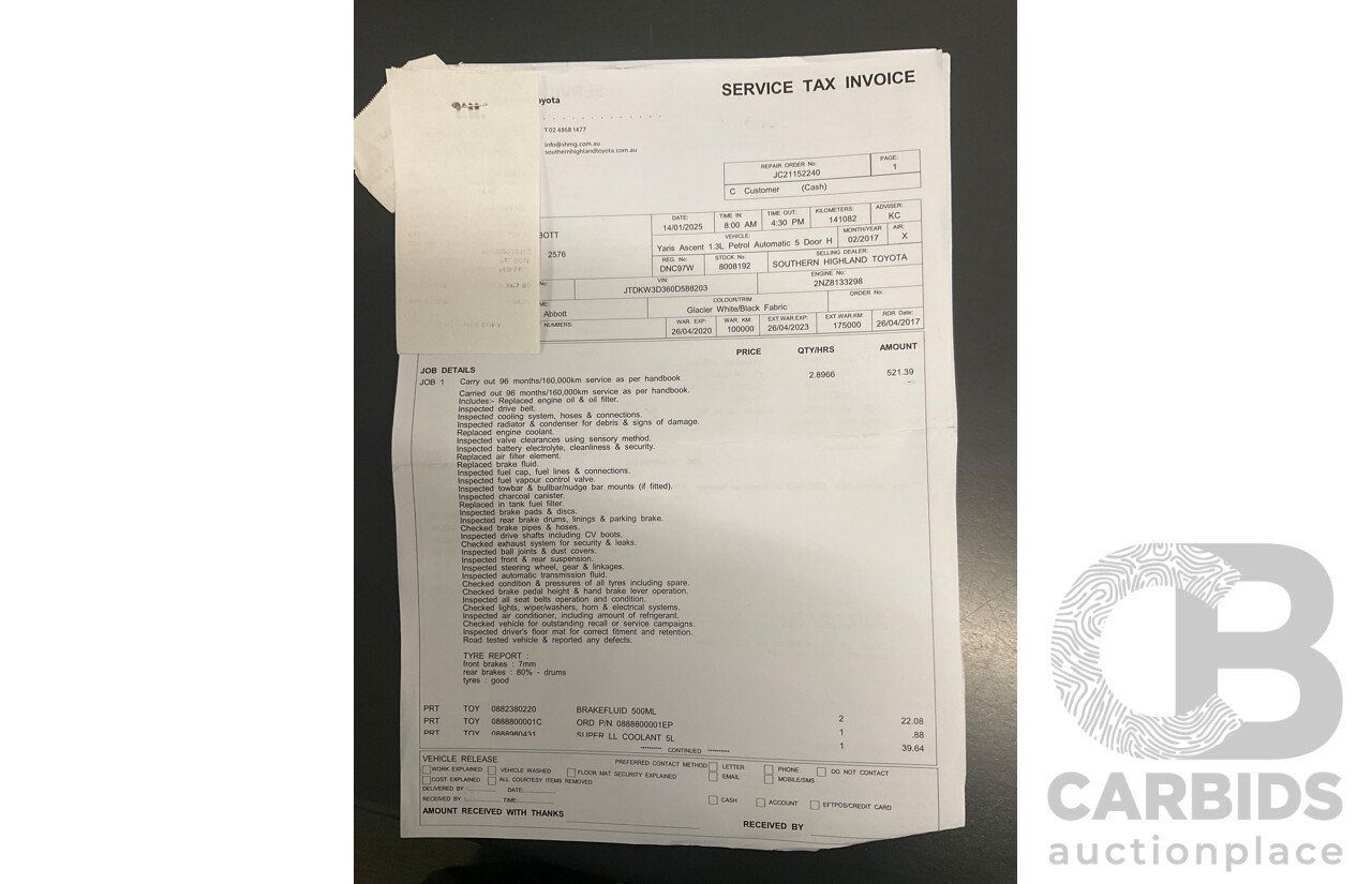 02/2017 Toyota Yaris Ascent (FWD) NCP130R MY17 5d Hatchback Glacier White 1.3L