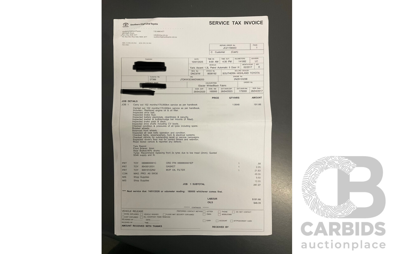 02/2017 Toyota Yaris Ascent (FWD) NCP130R MY17 5d Hatchback Glacier White 1.3L