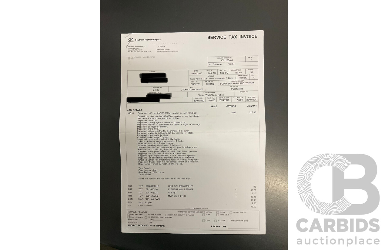 02/2017 Toyota Yaris Ascent (FWD) NCP130R MY17 5d Hatchback Glacier White 1.3L