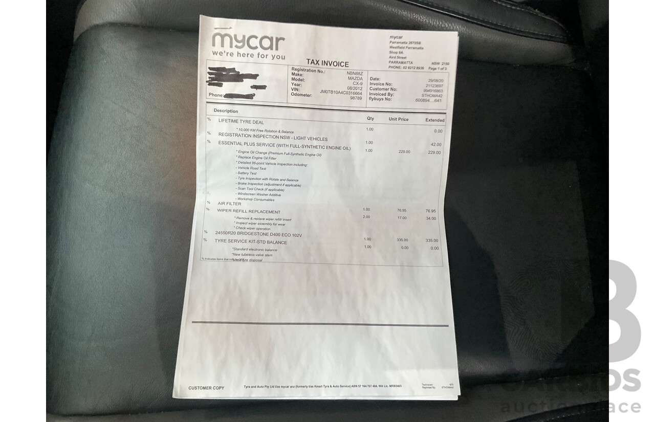 8/2012 Mazda Cx-9 Grand Touring (AWD) 10 Upgrade 4d Wagon Stormy Blue 3.7L - 7 Seater