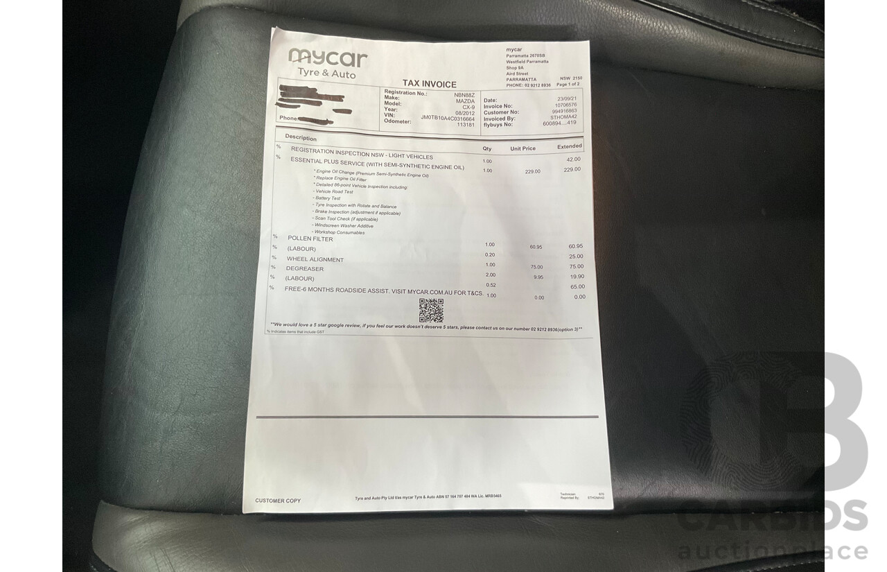 8/2012 Mazda Cx-9 Grand Touring (AWD) 10 Upgrade 4d Wagon Stormy Blue 3.7L - 7 Seater