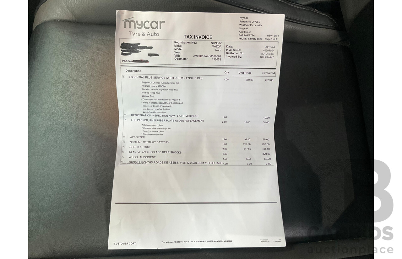 8/2012 Mazda Cx-9 Grand Touring (AWD) 10 Upgrade 4d Wagon Stormy Blue 3.7L - 7 Seater