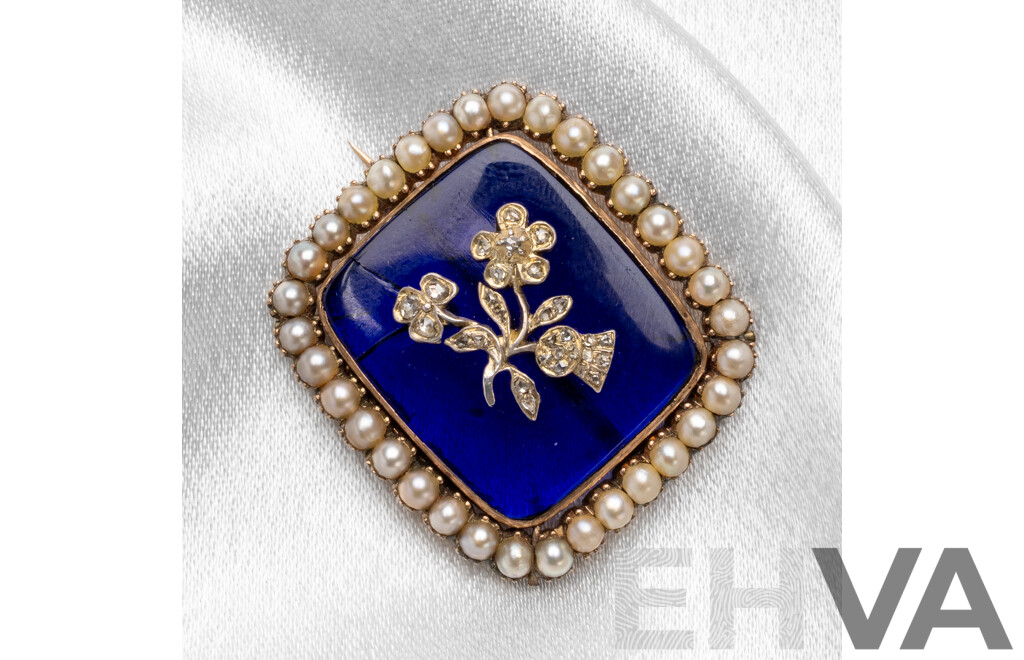Vintage 9ct Brooch with Pearls, Diamonds and Blue Enamel. 11.69gms