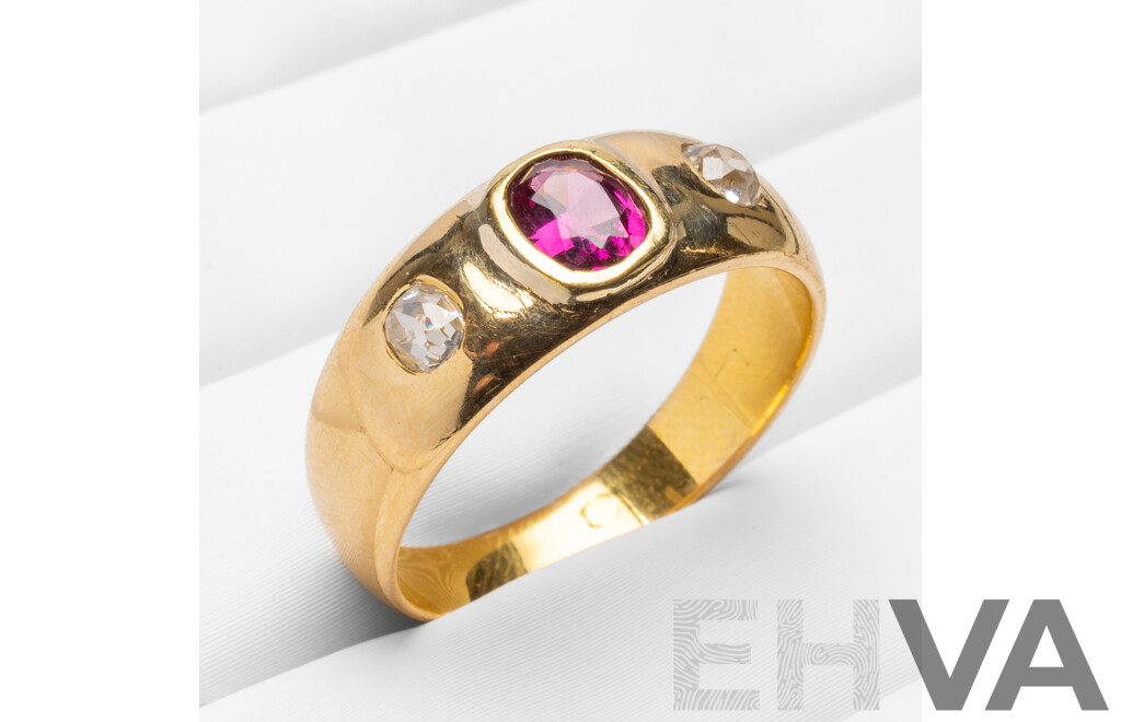 18ct Yellow Gold Ring with Purple Garnet and Mine Cut Diamonds - Size S.5