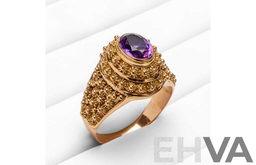 19.2ct Rose Gold Vintage Floral Ring with Oval Purple Sapphire - Size R.5