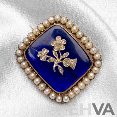 Vintage 9ct Brooch with Pearls, Diamonds and Blue Enamel. 11.69gms