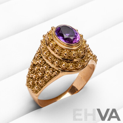 19.2ct Rose Gold Vintage Floral Ring with Oval Purple Sapphire - Size R.5