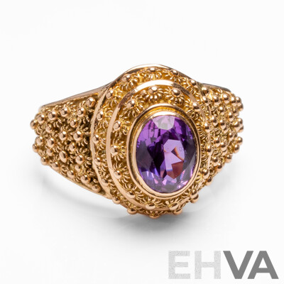 19.2ct Rose Gold Vintage Floral Ring with Oval Purple Sapphire - Size R.5